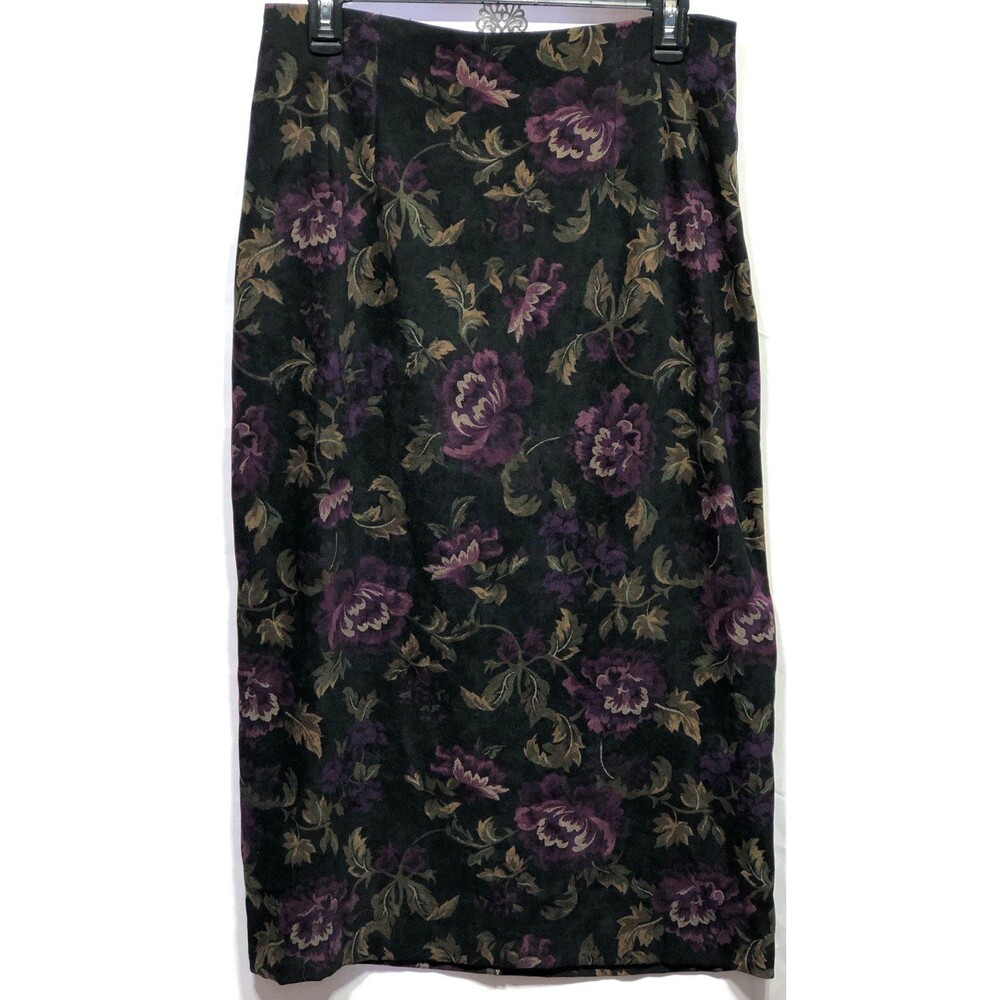 Vintage Briggs Midi Skirt 12P Blk Purple Floral 31"W Career Cottage Whimsigoth